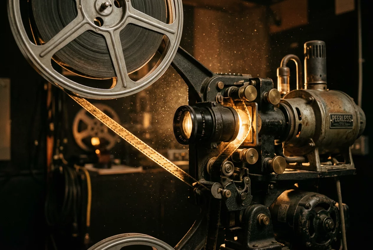 Klasyczny projektor filmowy w mrocznej sali kinowej